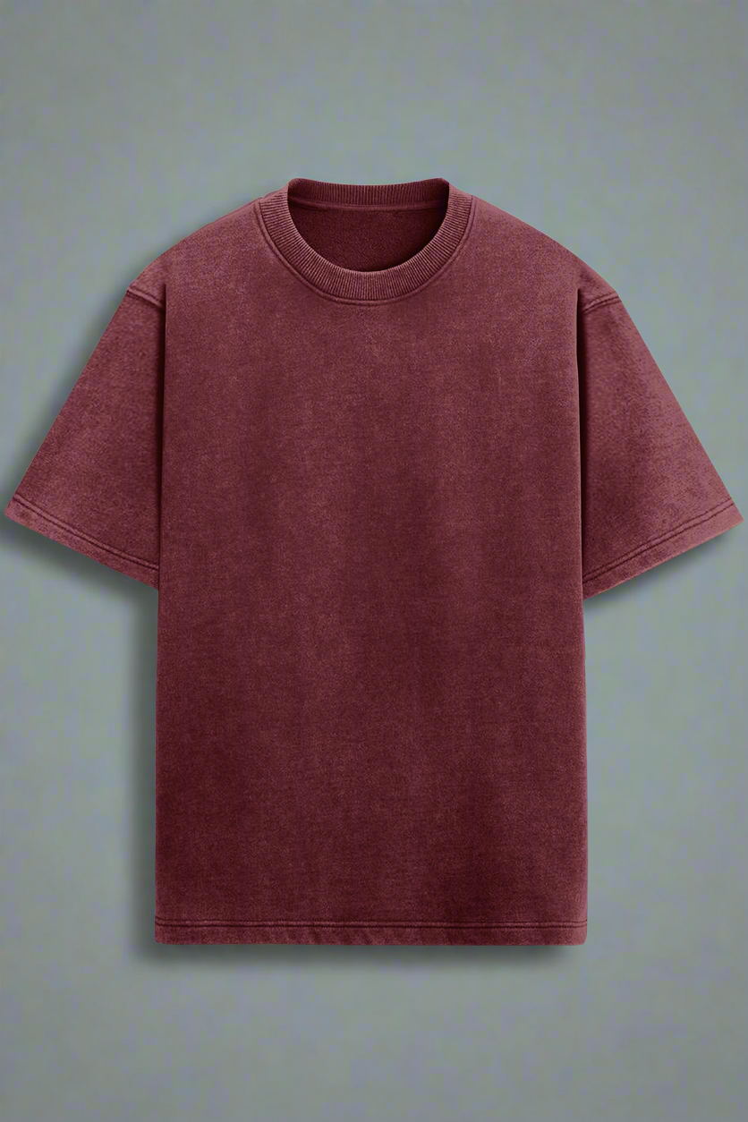 Solid Maroon Oversized Acid Wash T-Shirt