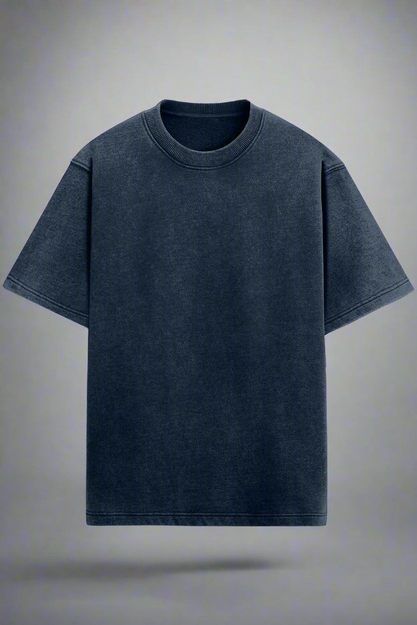 Solid Navy Blue Oversized Acid Wash T-Shirt